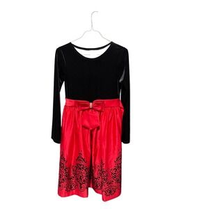 Rare Editions Black Velvet Red Satin Damask Party Dress H437422 Kid Size 16